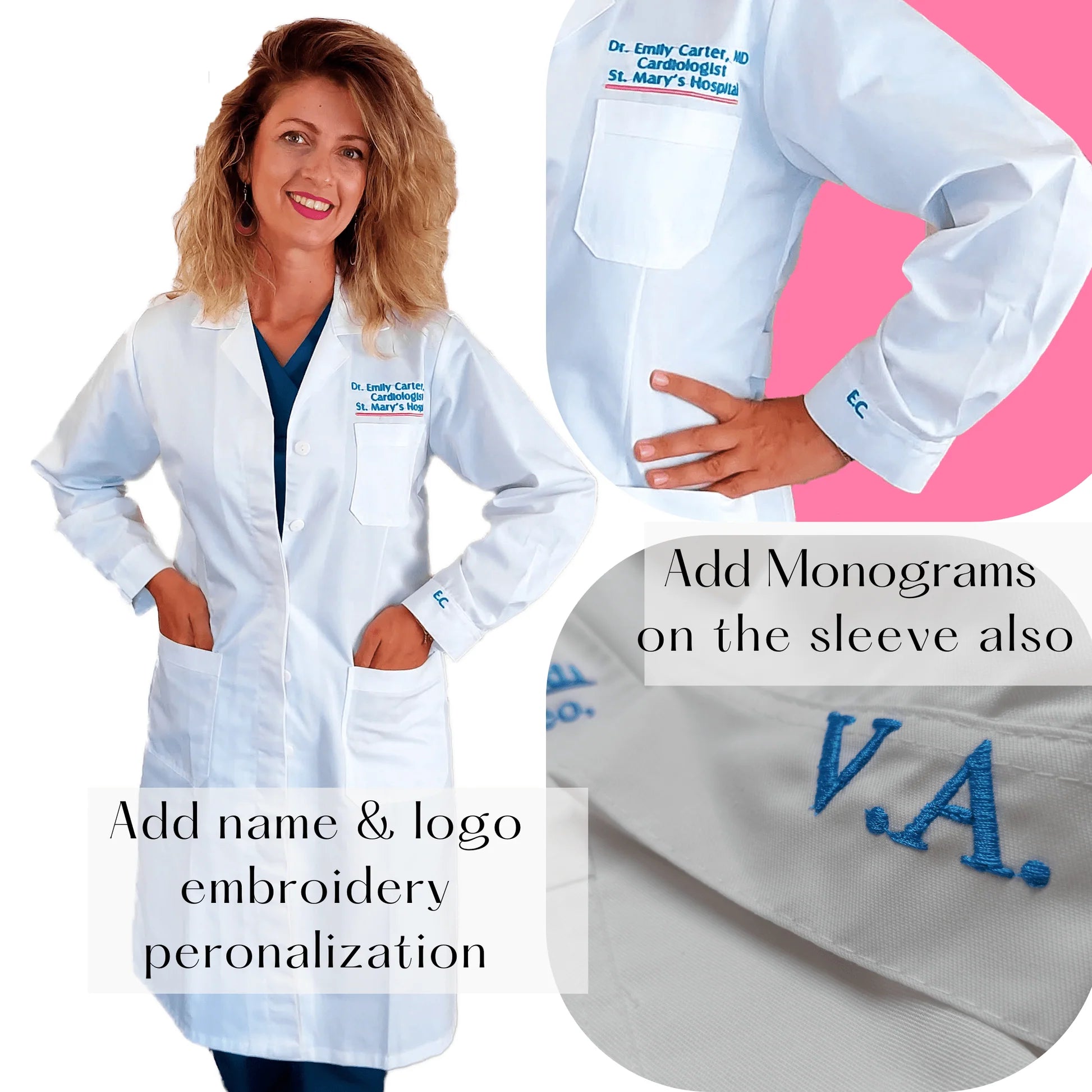 Embroidered White Lab Coat – Personalized Long Lab Coat for Doctors, Scientists, or Medical Professionals