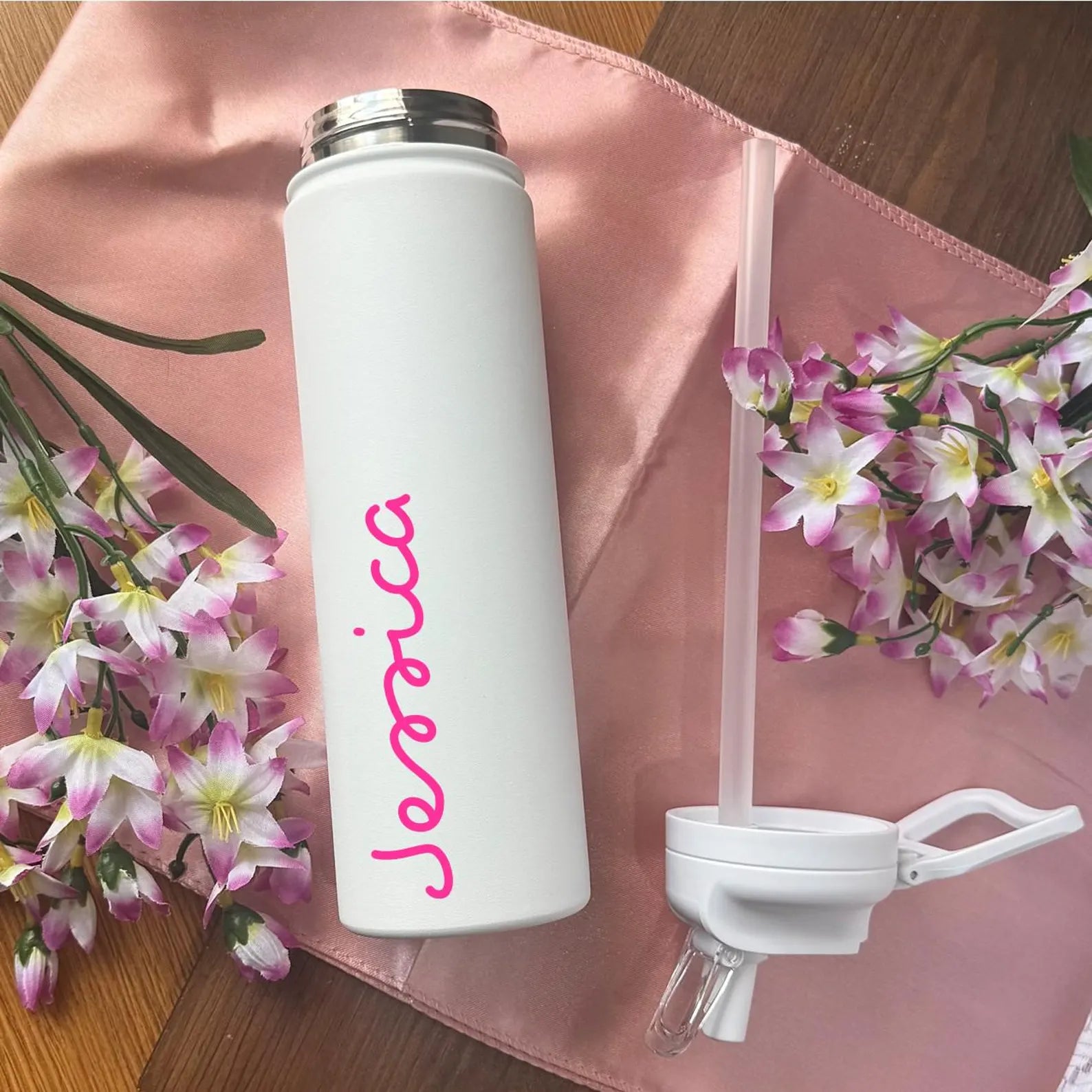 Custom Tropical Straw Water Bottle – Personalized Island Vibes Bottle with Pink Love Decal